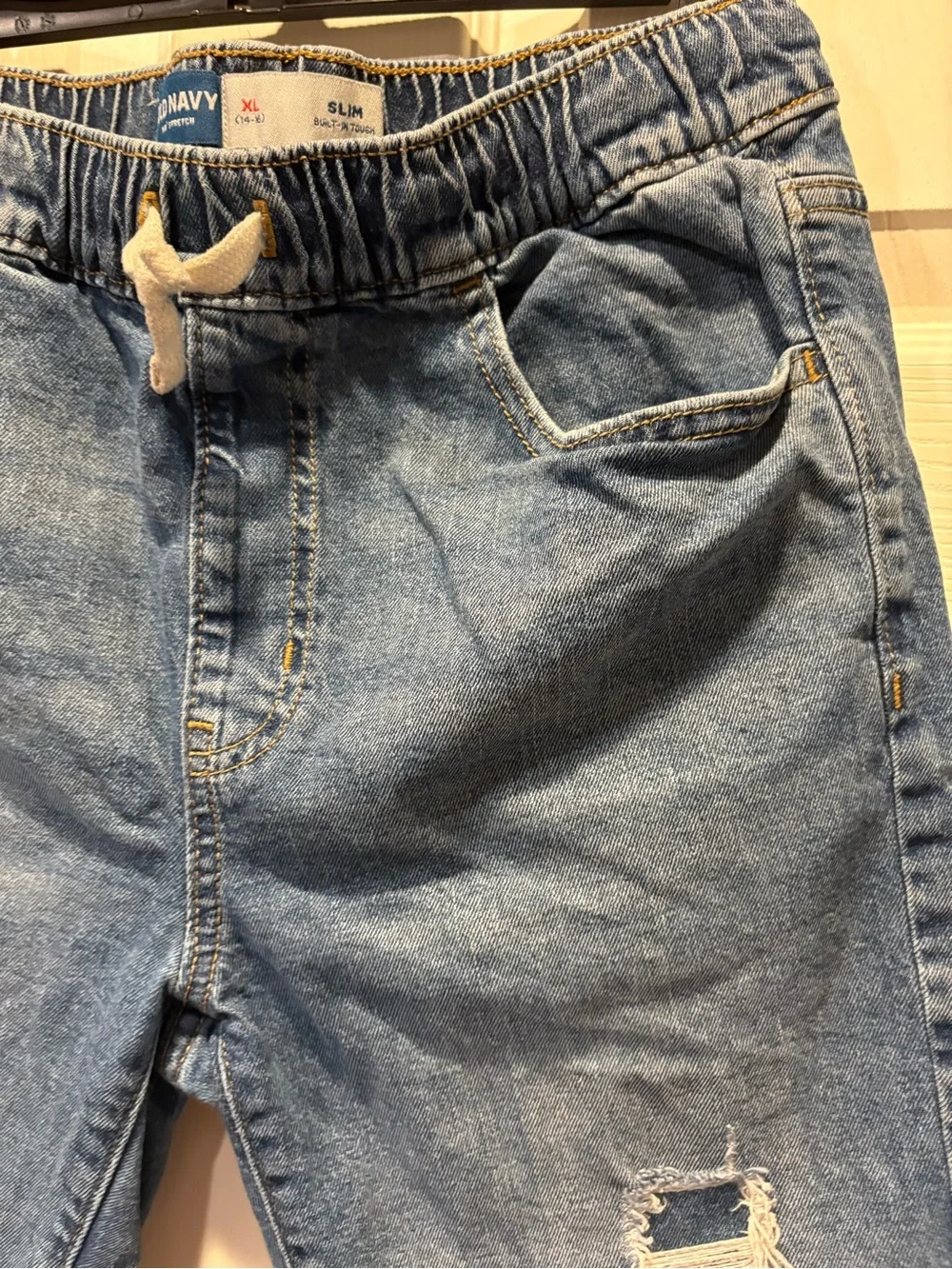 Old Navy Big Kid’s Medium Blue Distressed Denim Drawstring Slim Shorts